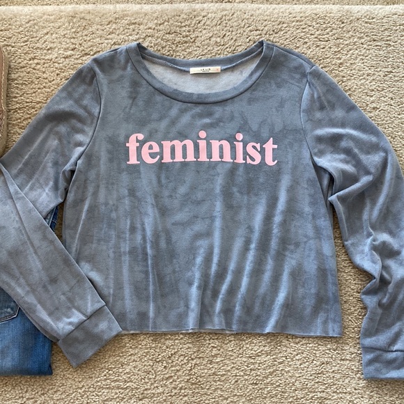 Grey ‘FEMINIST’ Cropped, Long Sleeve Top - Picture 2 of 7